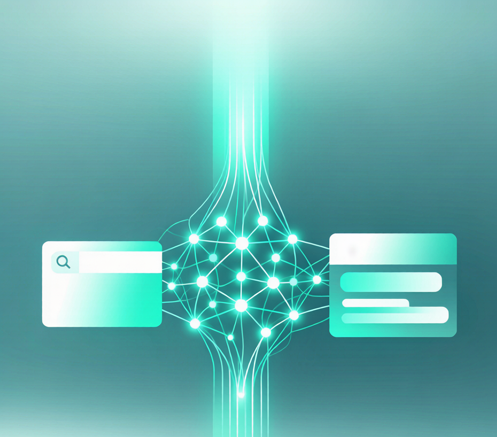AI 可见度优化与生成式引擎优化视觉化表达：神经网络节点汇聚成品牌光柱
