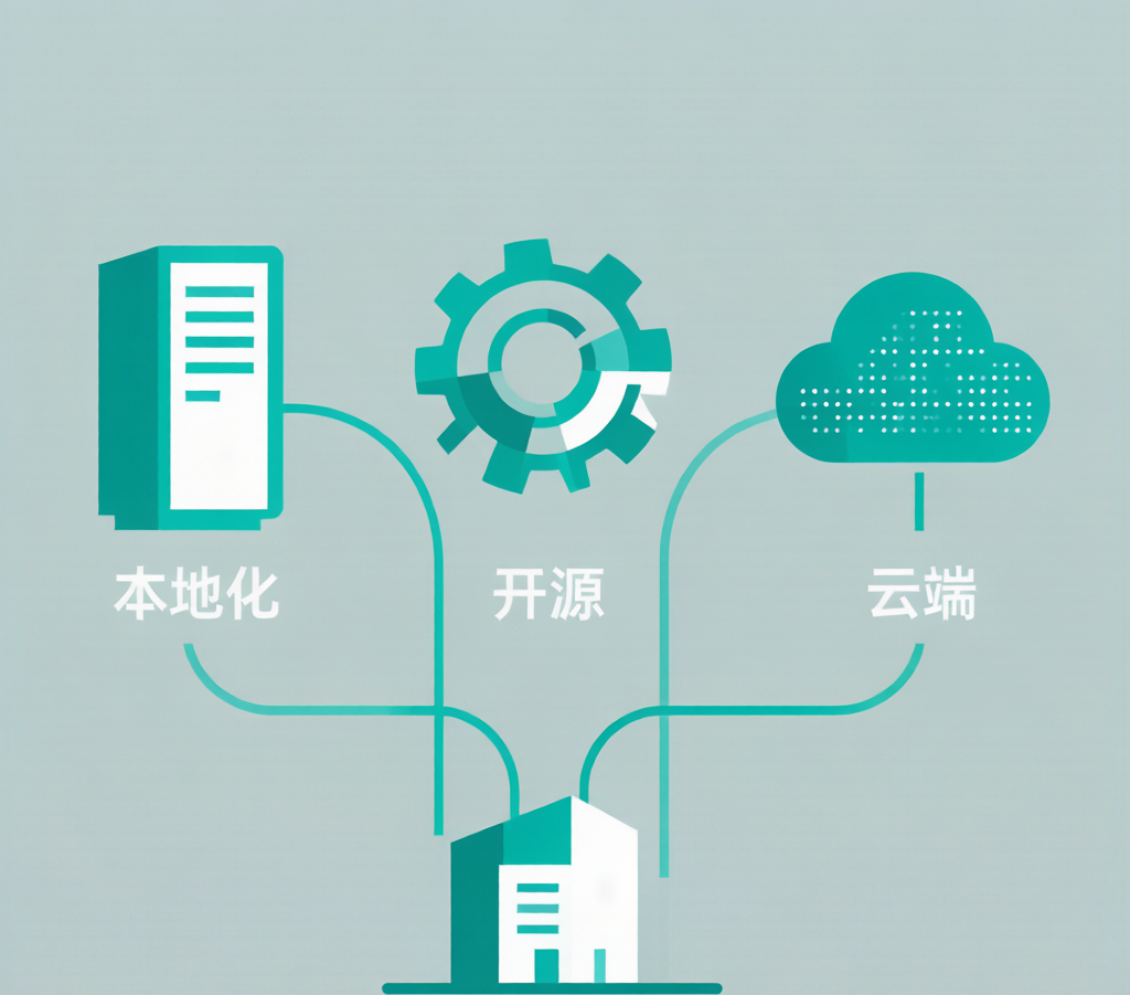 企业 AI 本地化、开源、云端三种部署方式对比示意图